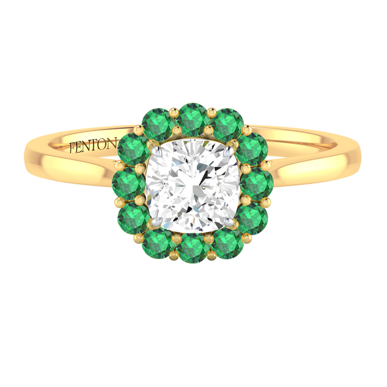 Naturally Mined Diamond Mayfair Cushion Cut Diamond and Emerald 18k Yellow Gold Ring