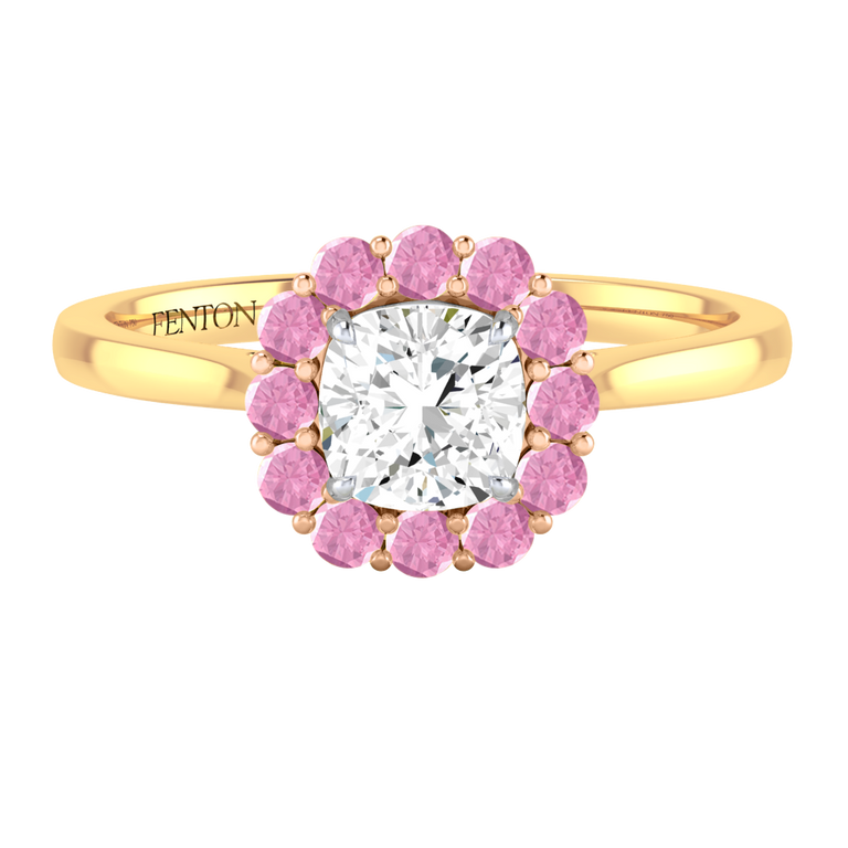 Naturally Mined Diamond Mayfair Cushion Cut Diamond and Pink Sapphire 18k Yellow Gold Ring