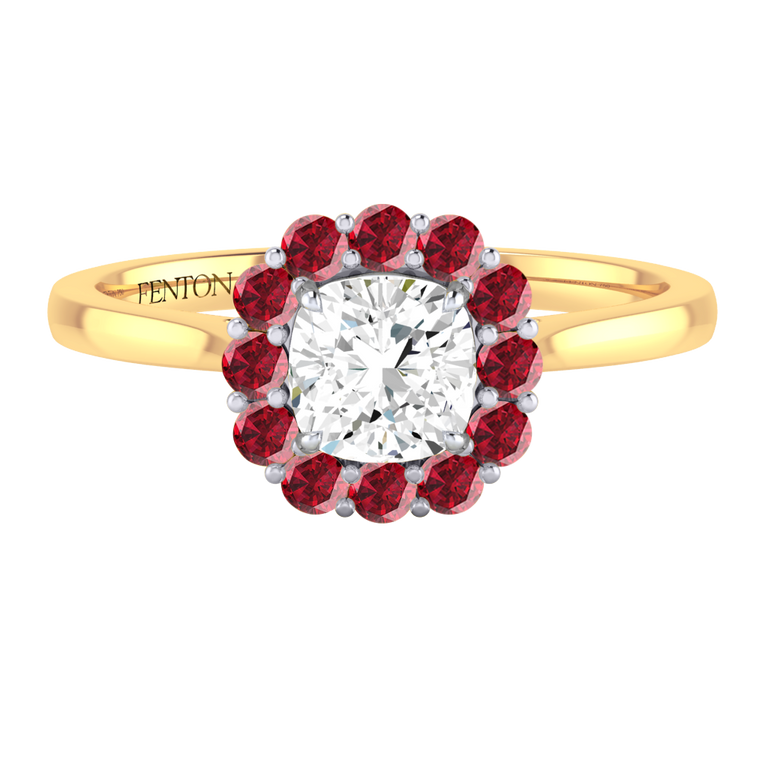 Naturally Mined Diamond Mayfair Cushion Cut Diamond and Ruby 18k Yellow Gold Ring