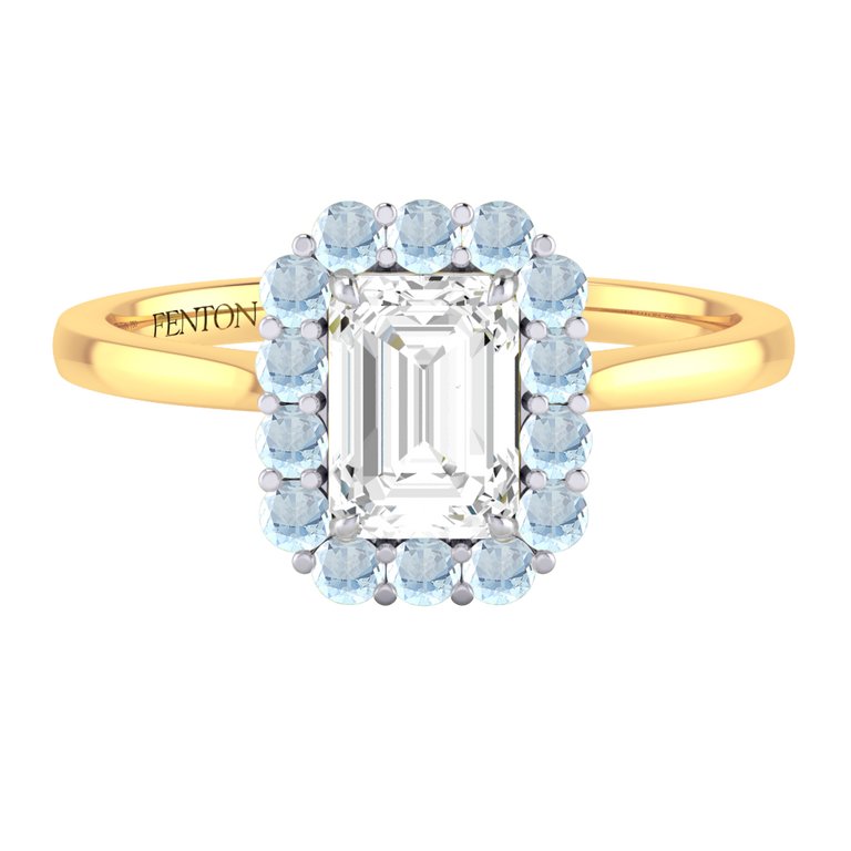 Naturally Mined Diamond Mayfair Emerald Cut Diamond and Aquamarine 18k Yellow Gold Ring