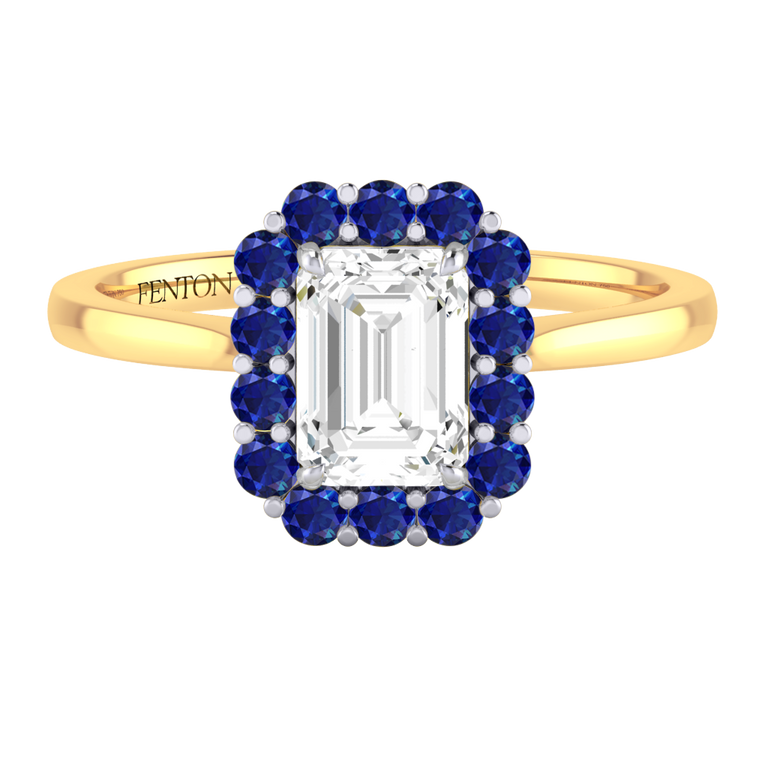 Naturally Mined Diamond Mayfair Emerald Cut Diamond and Blue Sapphire 18k Yellow Gold Ring