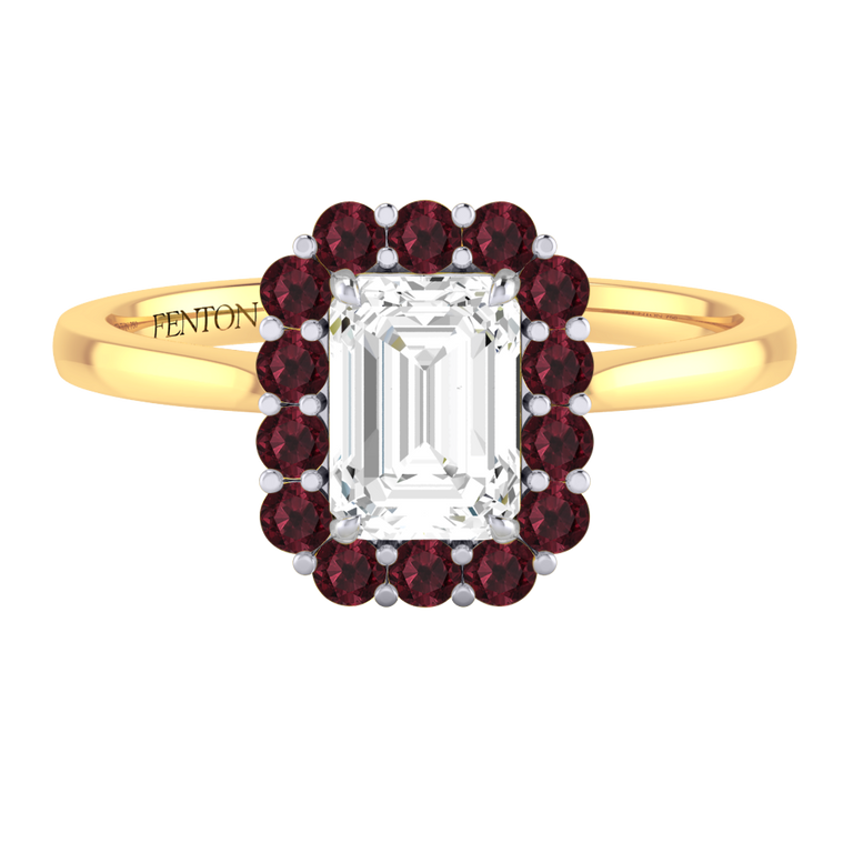 Naturally Mined Diamond Mayfair Emerald Cut Diamond and Garnet 18k Yellow Gold Ring