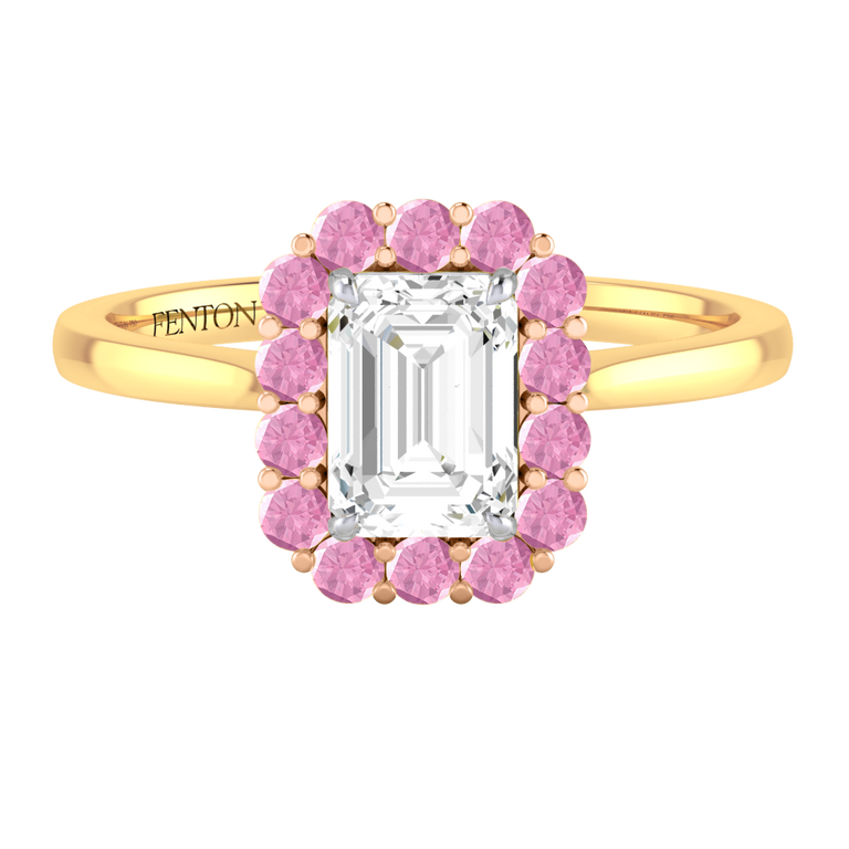 Naturally Mined Diamond Mayfair Emerald Cut Diamond and Pink Sapphire 18k Yellow Gold Ring