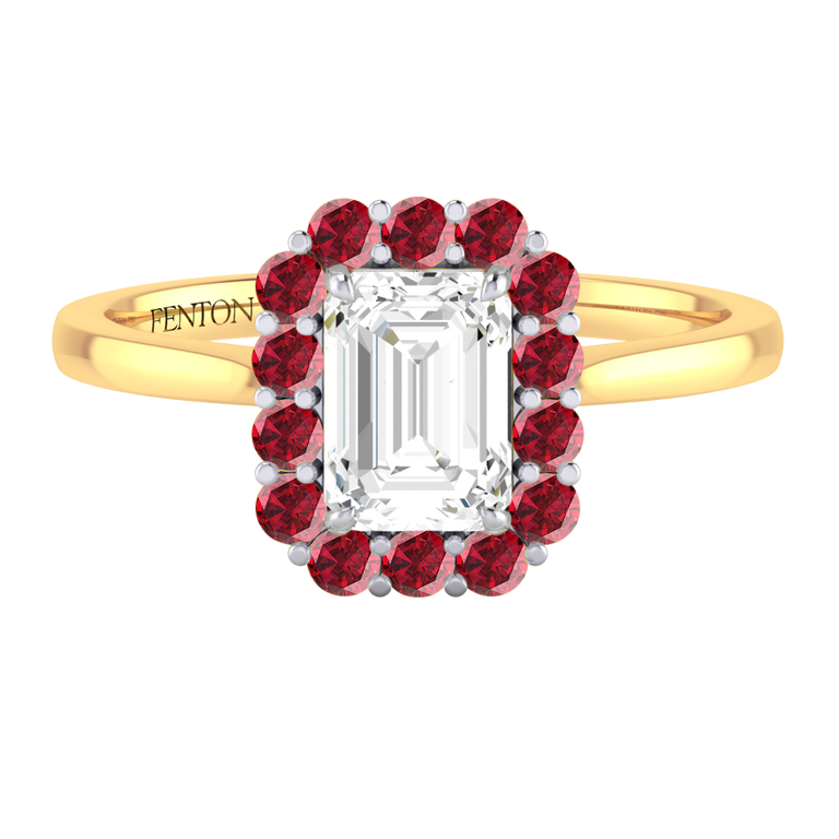 Naturally Mined Diamond Mayfair Emerald Cut Diamond and Ruby 18k Yellow Gold Ring