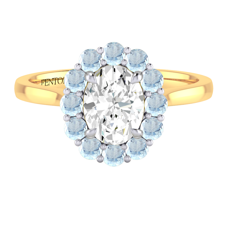 Naturally Mined Diamond Mayfair Oval Cut Diamond and Aquamarine 18k Yellow Gold Ring