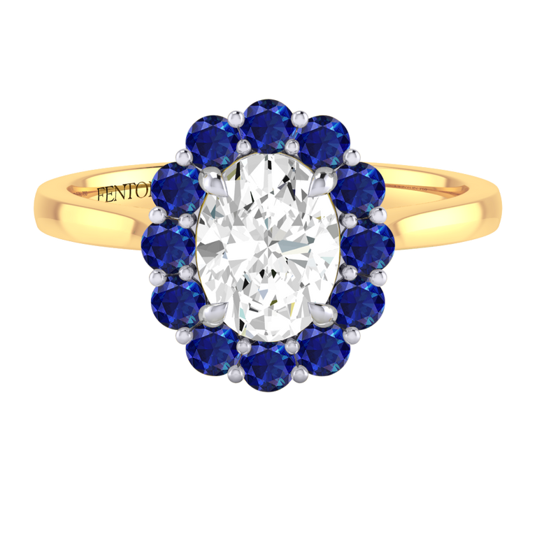 Naturally Mined Diamond Mayfair Oval Cut Diamond and Blue Sapphire 18k Yellow Gold Ring