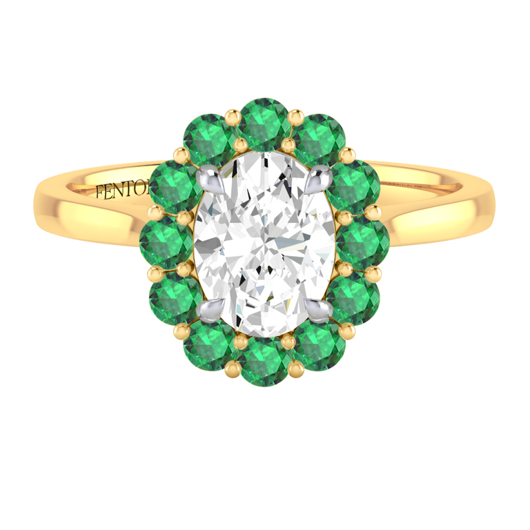 Naturally Mined Diamond Mayfair Oval Cut Diamond and Emerald 18k Yellow Gold Ring