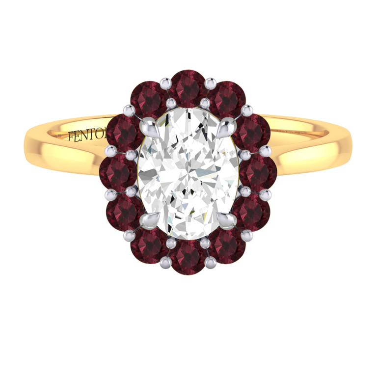 Naturally Mined Diamond Mayfair Oval Cut Diamond and Garnet 18k Yellow Gold Ring