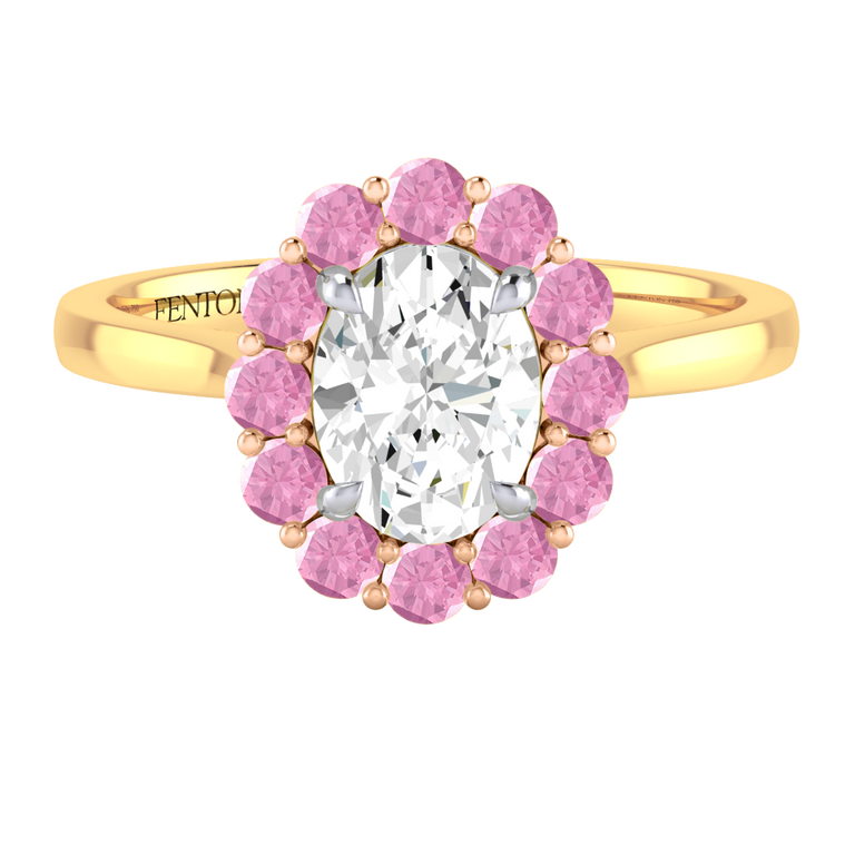 Naturally Mined Diamond Mayfair Oval Cut Diamond and Pink Sapphire 18k Yellow Gold Ring