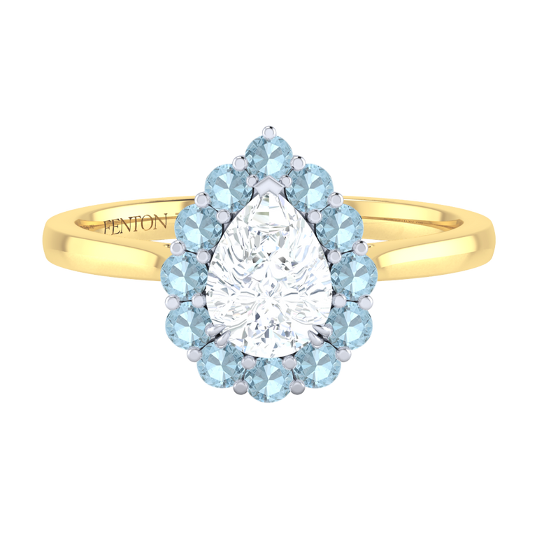 Naturally Mined Diamond Mayfair Pear Cut Diamond and Aquamarine 18k Yellow Gold Ring