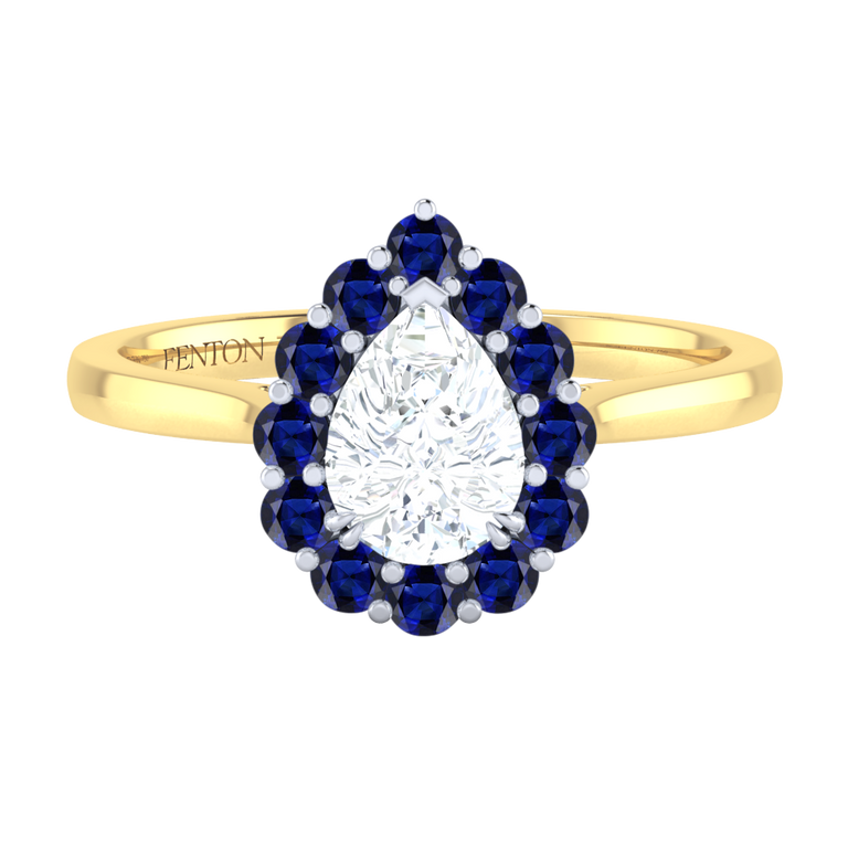 Naturally Mined Diamond Mayfair Pear Cut Diamond and Blue Sapphire 18k Yellow Gold Ring