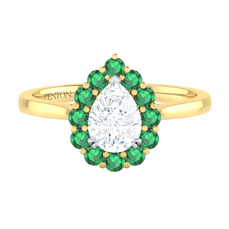 Naturally Mined Diamond Mayfair Pear Cut Diamond and Emerald 18k Yellow Gold Ring