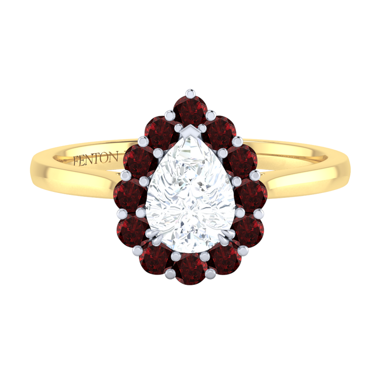 Naturally Mined Diamond Mayfair Pear Cut Diamond and Garnet 18k Yellow Gold Ring