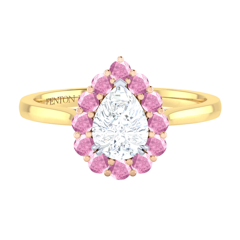 Naturally Mined Diamond Mayfair Pear Cut Diamond and Pink Sapphire 18k Yellow Gold Ring