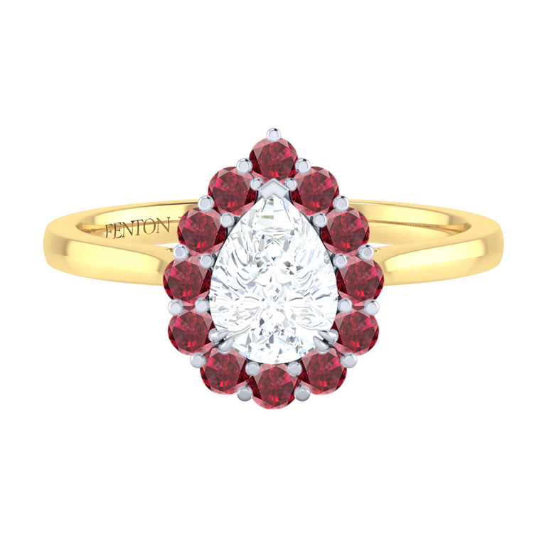 Naturally Mined Diamond Mayfair Pear Cut Diamond and Ruby 18k Yellow Gold Ring