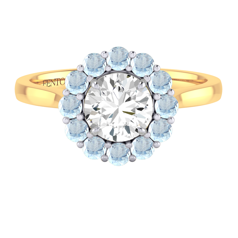 Naturally Mined Diamond Mayfair Round Cut Diamond and Aquamarine 18k Yellow Gold Ring