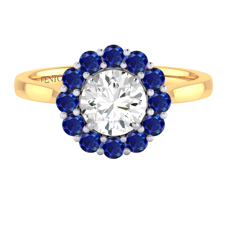 Naturally Mined Diamond Mayfair Round Cut Diamond and Blue Sapphire 18k Yellow Gold Ring