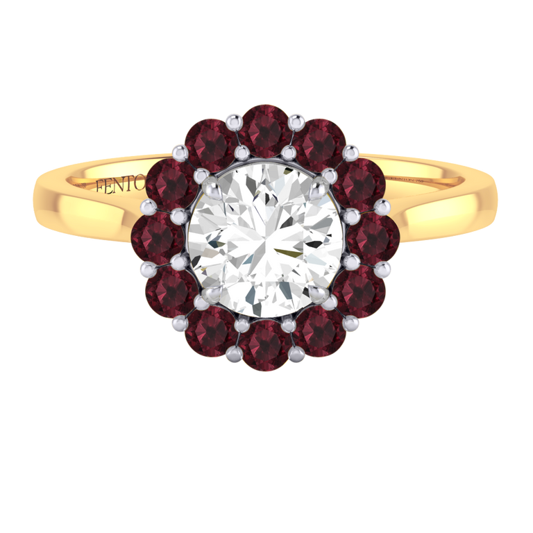 Naturally Mined Diamond Mayfair Round Cut Diamond and Garnet 18k Yellow Gold Ring