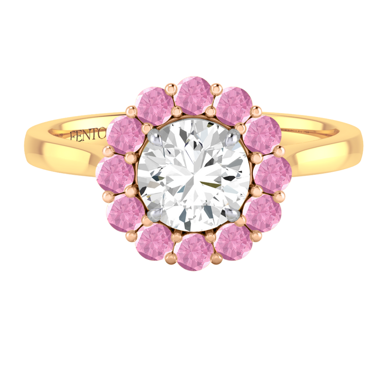 Naturally Mined Diamond Mayfair Round Cut Diamond and Pink Sapphire 18k Yellow Gold Ring