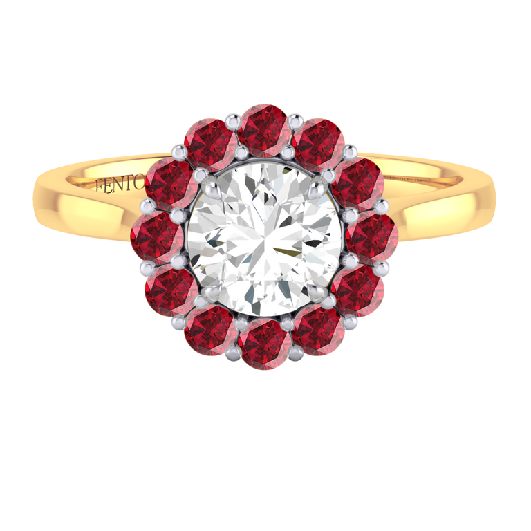 Naturally Mined Diamond Mayfair Round Cut Diamond and Ruby 18k Yellow Gold Ring