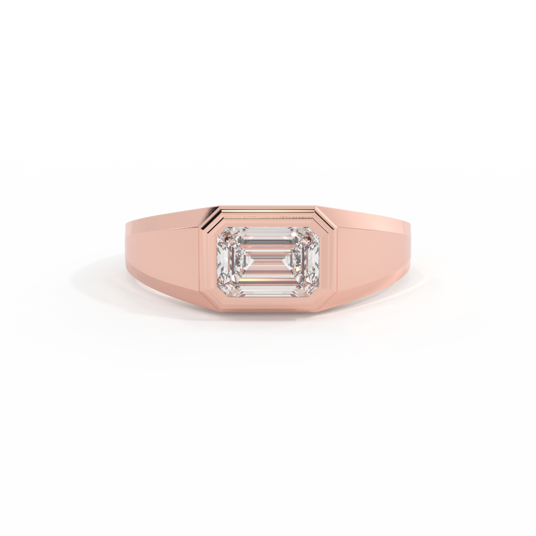 Lab Grown Solar Diamond Signet Emerald Cut 18k Rose Gold Ring