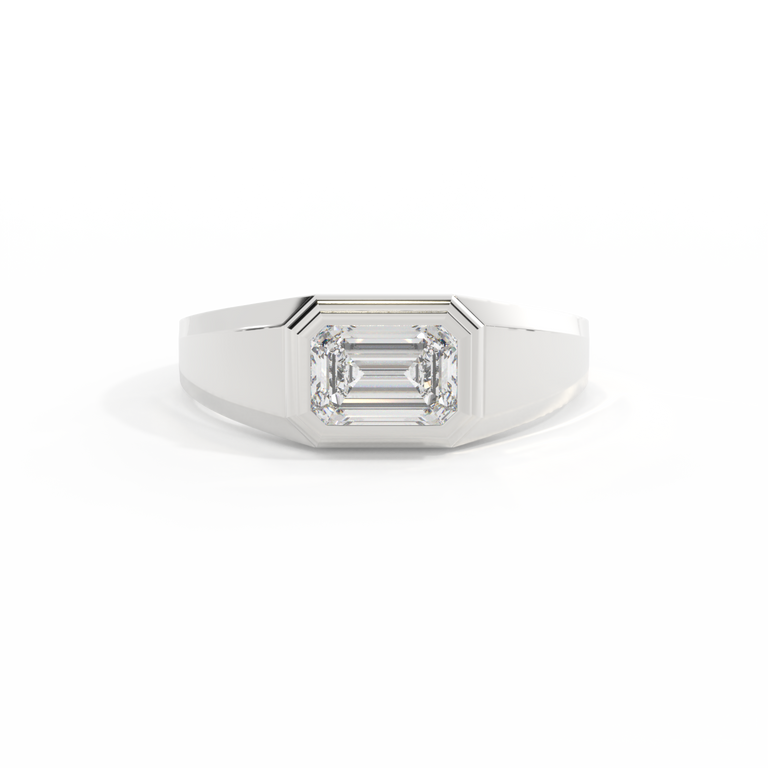 Lab Grown Solar Diamond Signet Emerald Cut 18K White Gold Ring