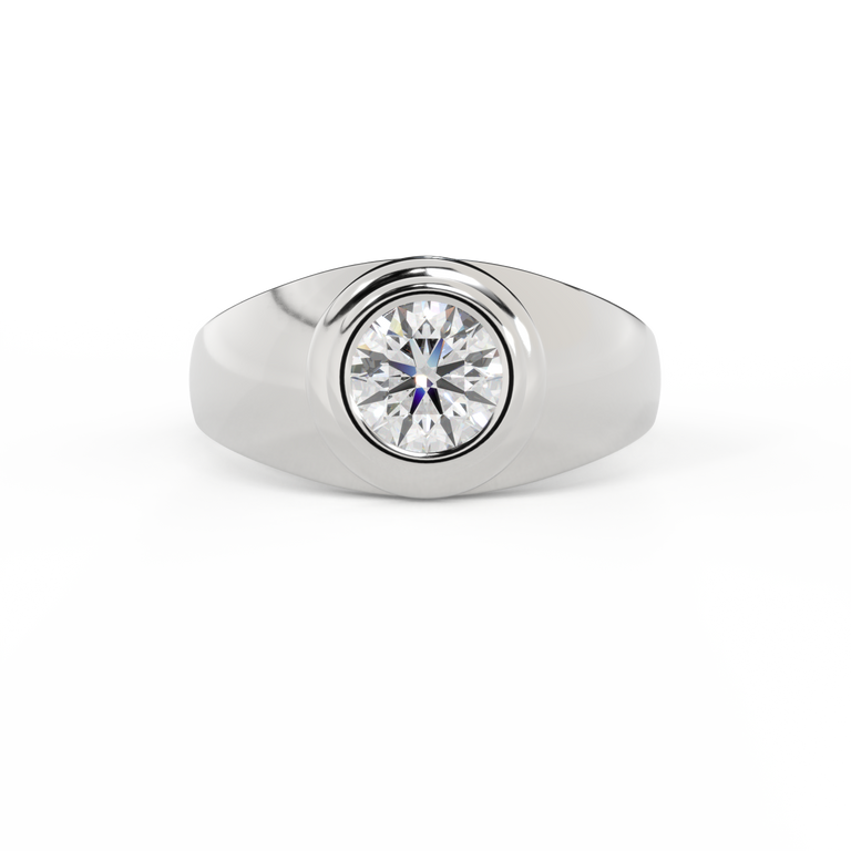 Signet Round Lab Grown Diamond 18K White Gold Ring