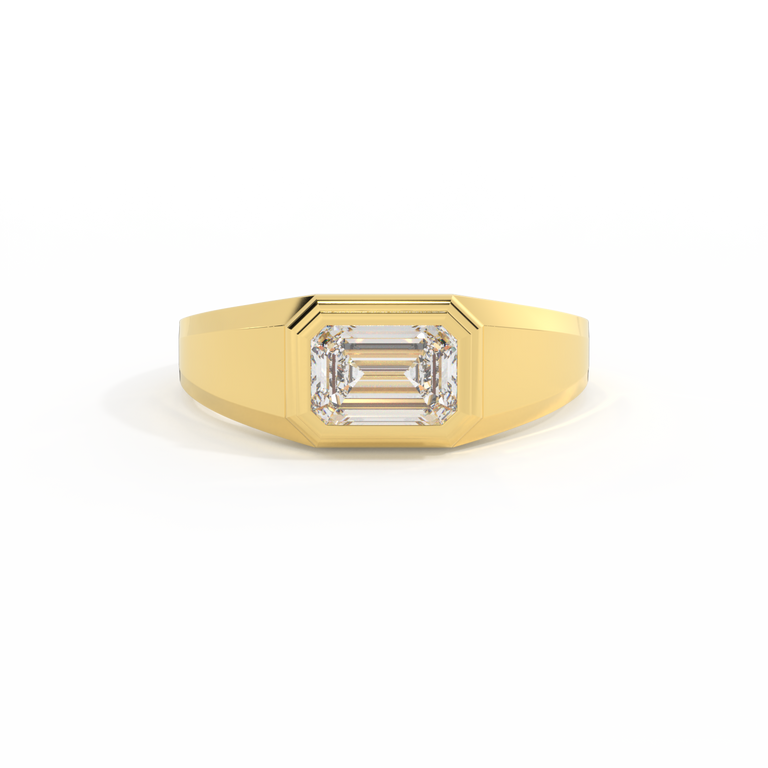 Lab Grown Solar Diamond Signet Emerald Cut 18k Yellow Gold Ring