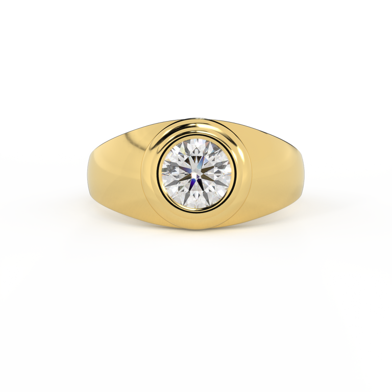 Lab Grown Solar Diamond Signet Round Cut 18k Yellow Gold Ring