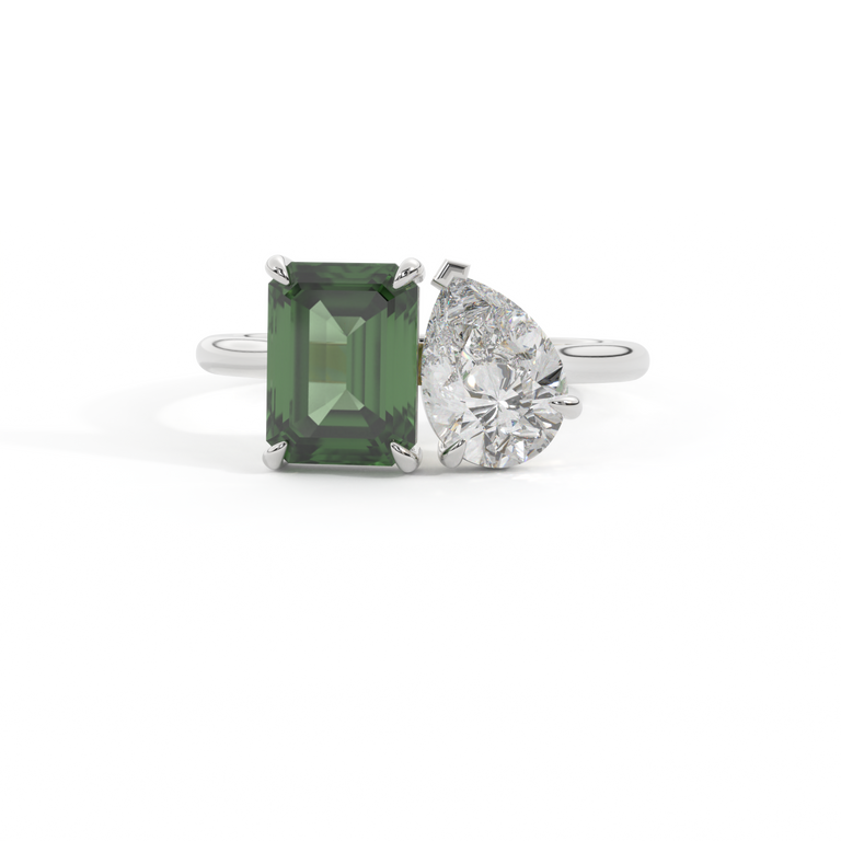 Lab Grown Solar Diamond Toi Et Moi Emerald Green Sapphire Platinum Ring