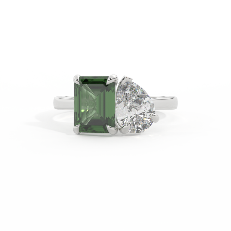Lab Grown Diamond Toi Et Moi Emerald Green Sapphire Platinum Ring