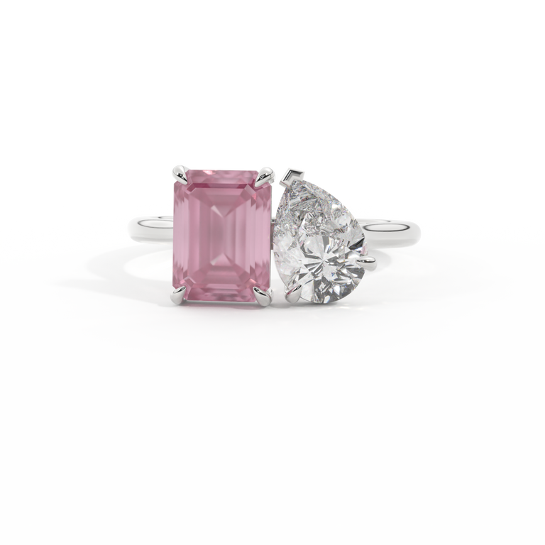 Lab Grown Solar Diamond Toi Et Moi Emerald Pink Sapphire Platinum Ring
