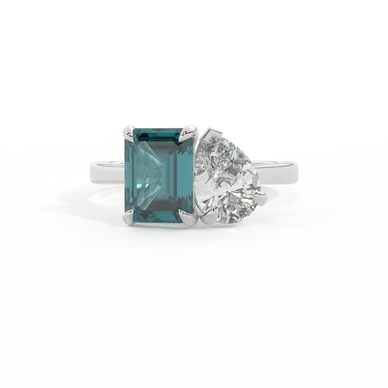 Lab Grown Diamond Toi Et Moi Emerald Teal Sapphire Platinum Ring