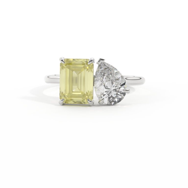 Lab Grown Solar Diamond Toi Et Moi Emerald Yellow Sapphire Platinum Ring