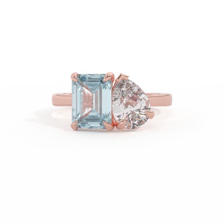 Lab Grown Diamond Toi Et Moi Emerald Aquamarine 18K Rose Gold Ring