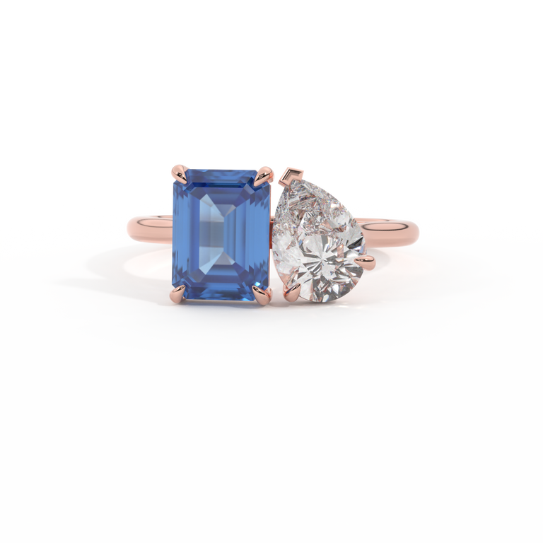 Lab Grown Solar Diamond Toi Et Moi Emerald Blue Sapphire 18K Rose Gold Ring