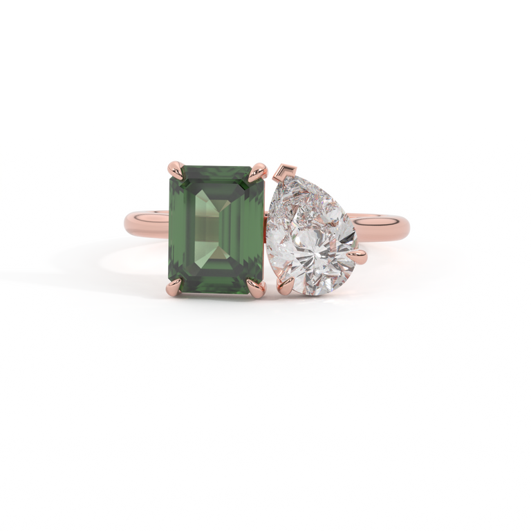 Lab Grown Solar Diamond Toi Et Moi Emerald Green Sapphire 18K Rose Gold Ring