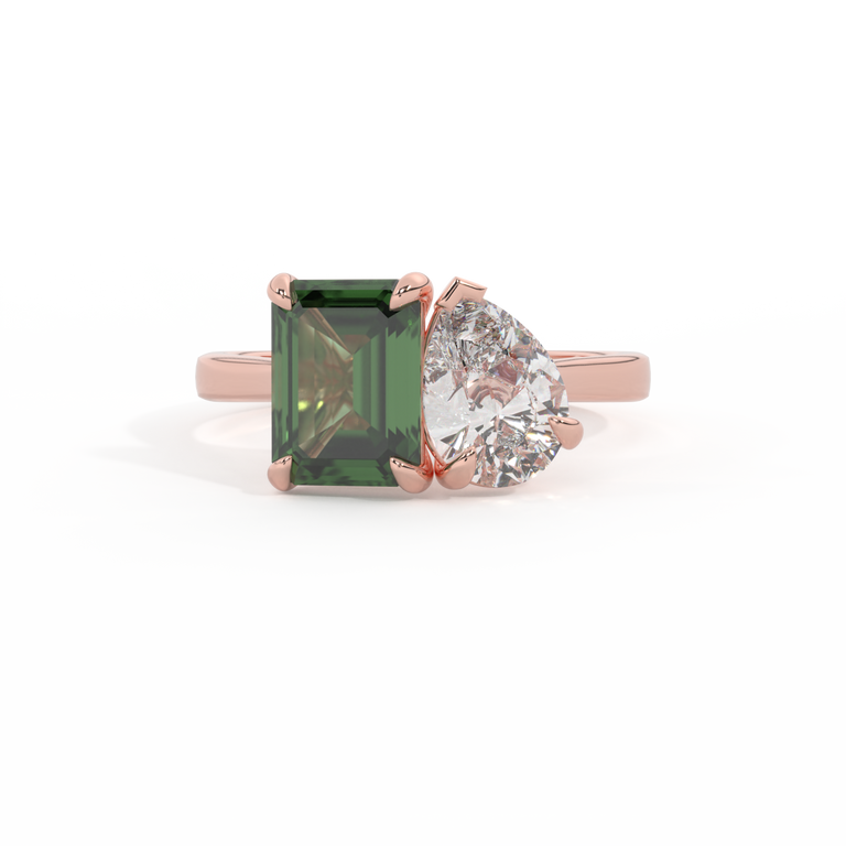 Lab Grown Diamond Toi Et Moi Emerald Green Sapphire 18K Rose Gold Ring