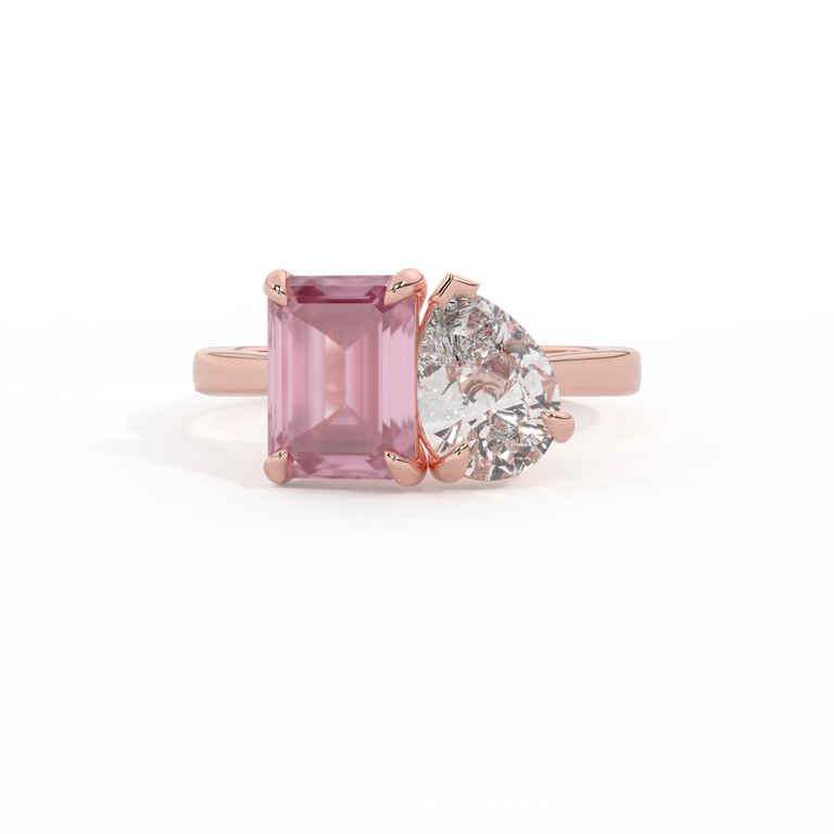 Lab Grown Diamond Toi Et Moi Emerald Pink Sapphire 18K Rose Gold Ring
