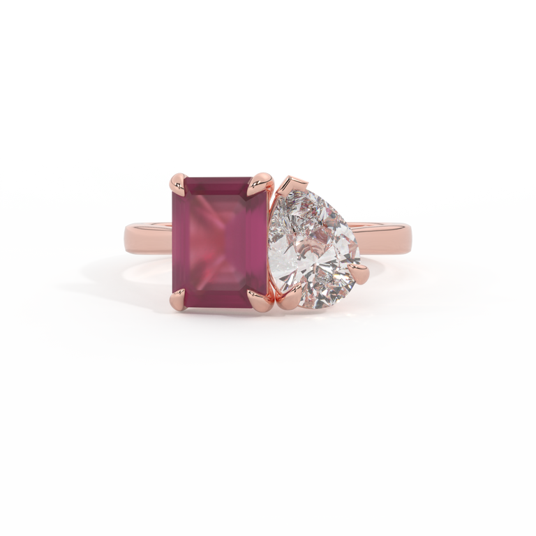 Lab Grown Diamond Toi Et Moi Emerald Ruby 18K Rose Gold Ring