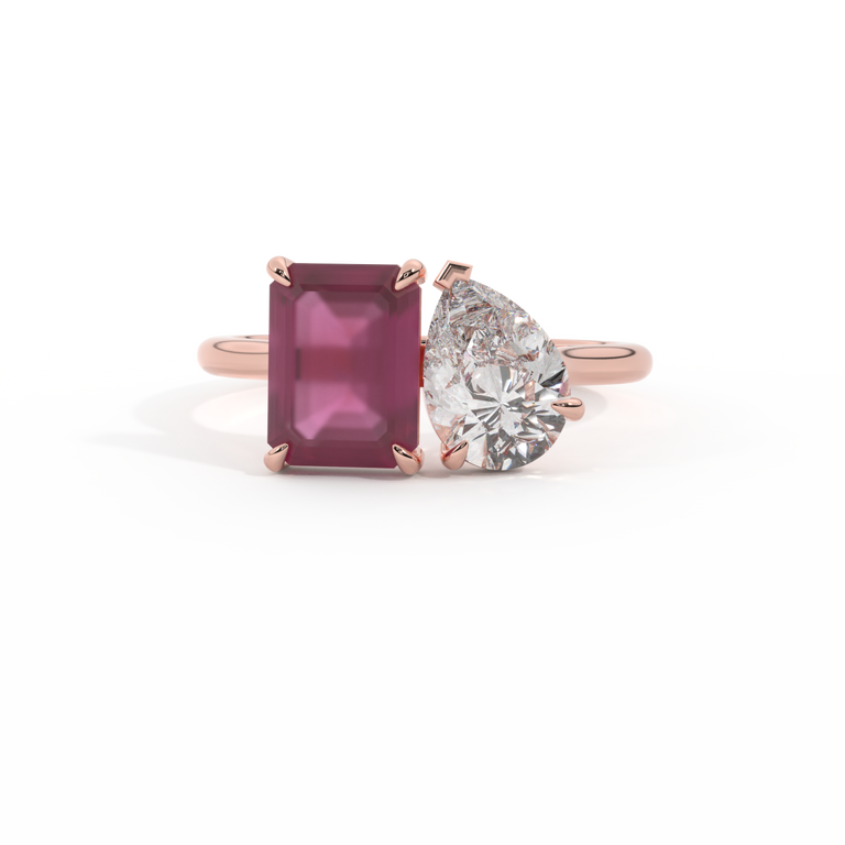 Lab Grown Solar Diamond Toi Et Moi Emerald Ruby 18K Rose Gold Ring