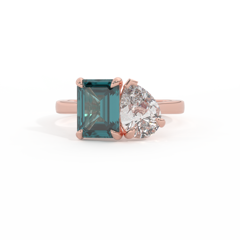 Lab Grown Diamond Toi Et Moi Emerald Teal Sapphire 18K Rose Gold Ring