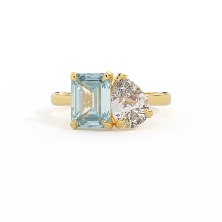 Lab Grown Diamond Toi Et Moi Emerald Aquamarine 18K Yellow Gold Ring