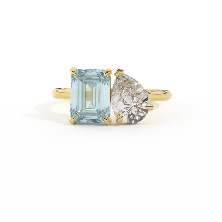 Lab Grown Solar Diamond Toi Et Moi Emerald Aquamarine 18K Yellow Gold Ring