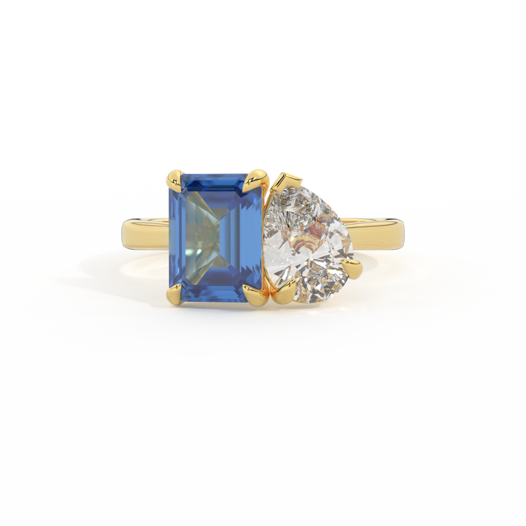 Lab Grown Diamond Toi Et Moi Emerald Blue Sapphire 18K Yellow Gold Ring