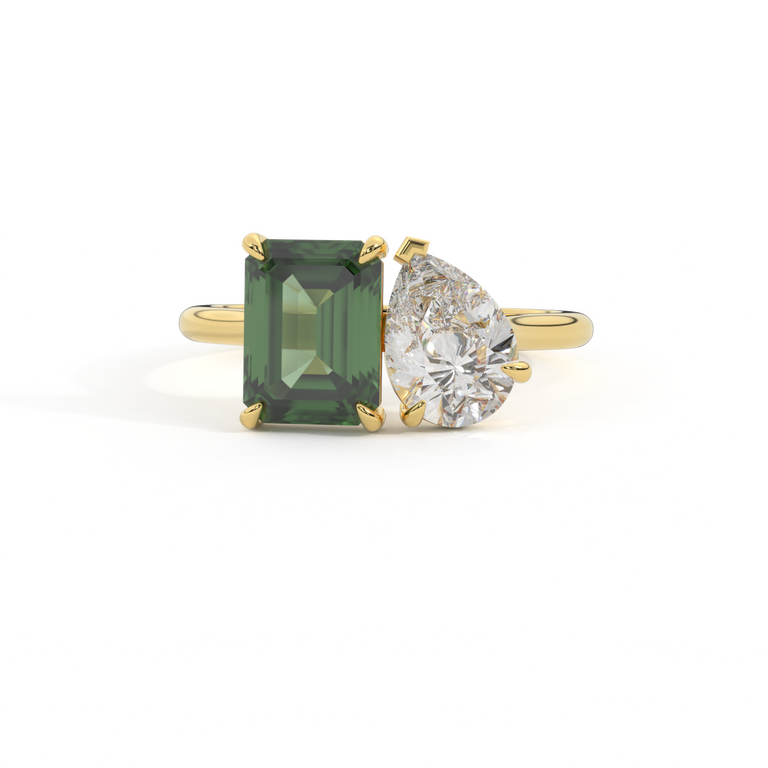 Lab Grown Solar Diamond Toi Et Moi Emerald Green Sapphire 18K Yellow Gold Ring