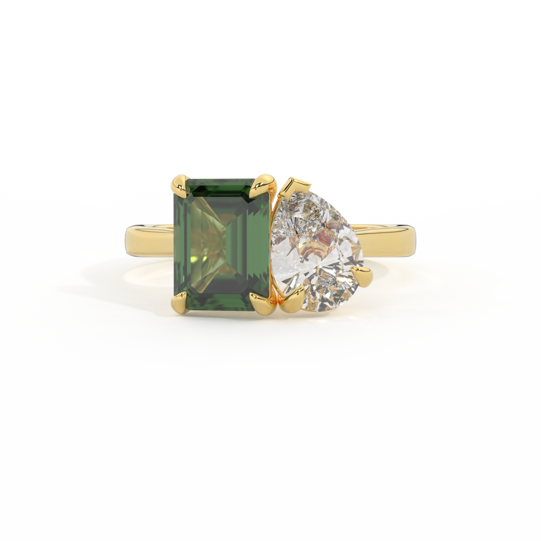 Lab Grown Diamond Toi Et Moi Emerald Green Sapphire 18K Yellow Gold Ring