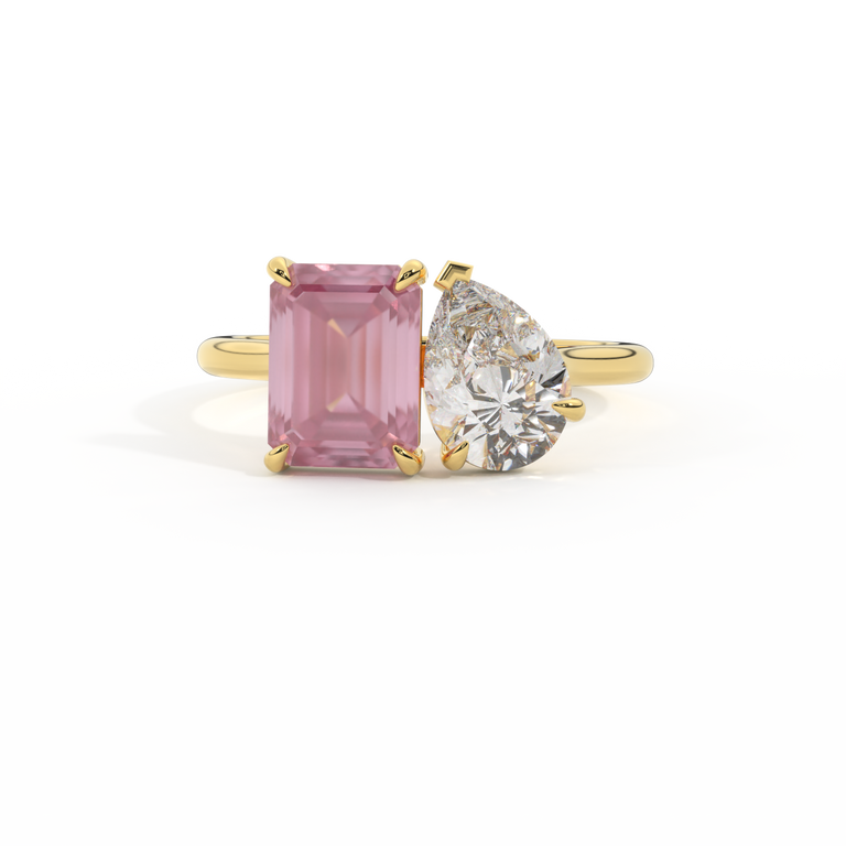 Lab Grown Solar Diamond Toi Et Moi Emerald Pink Sapphire 18K Yellow Gold Ring