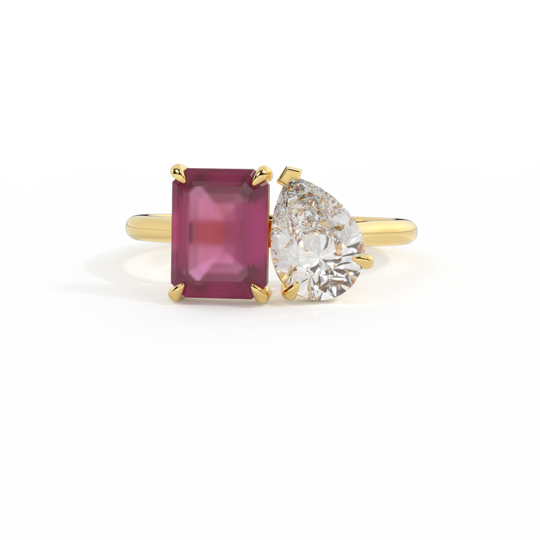 Lab Grown Solar Diamond Toi Et Moi Emerald Ruby 18K Yellow Gold Ring
