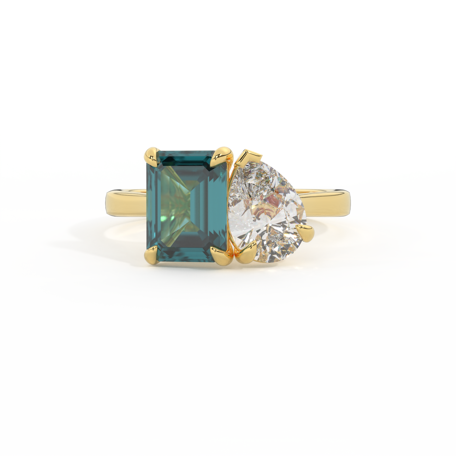 Lab Grown Diamond Toi Et Moi Emerald Teal Sapphire 18K Yellow Gold Ring